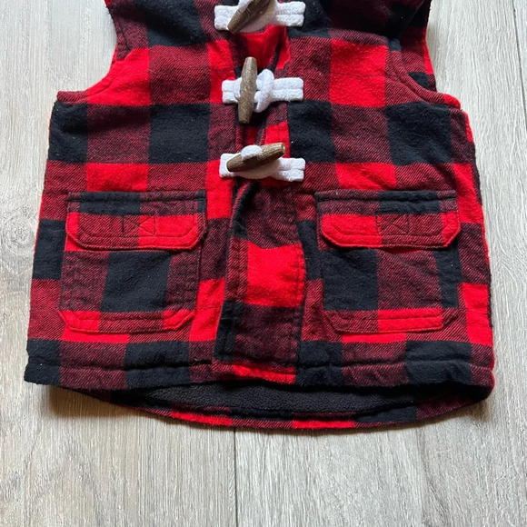 CARTER'S Buffalo Red & Black Plaid Check Vest Sherpa Hood Lining Pockets 6M - Picture 2 of 5
